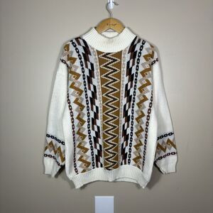 Vintage 90s Knit Sweater Aztec Nature Geometric Clifton Place Brown White Sz L